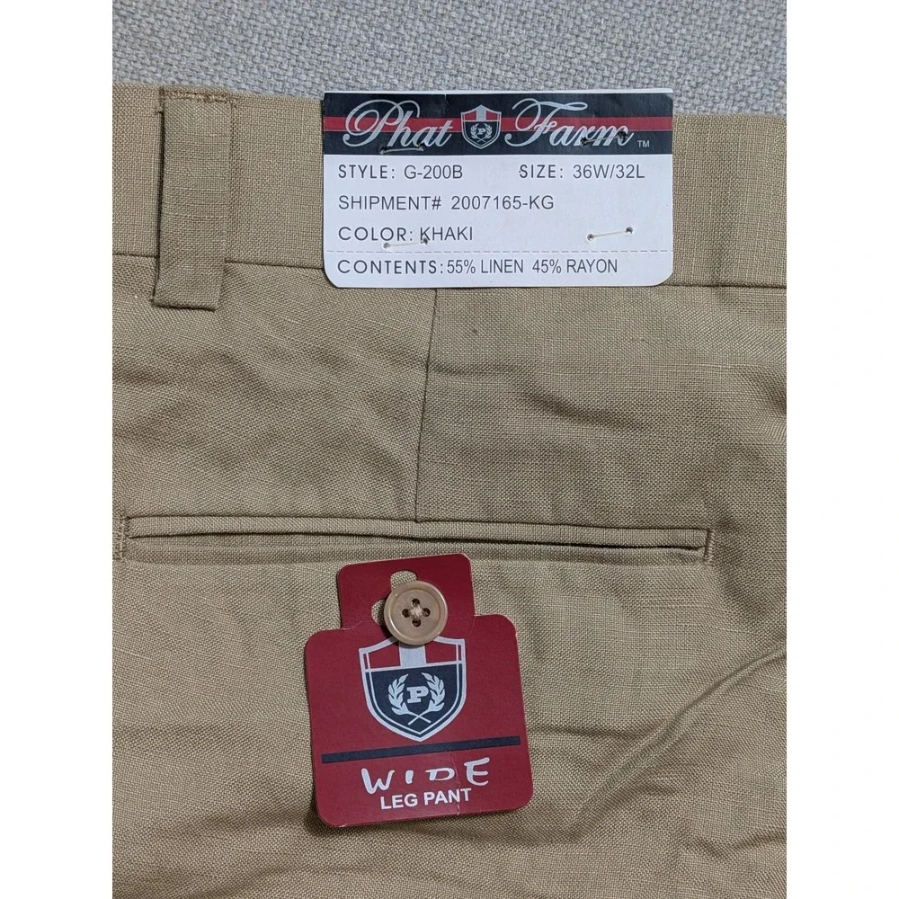Phat Farm Mens Pants G-200B Khaki 36x32 Linen Wide Leg Breathable Pockets Y2K